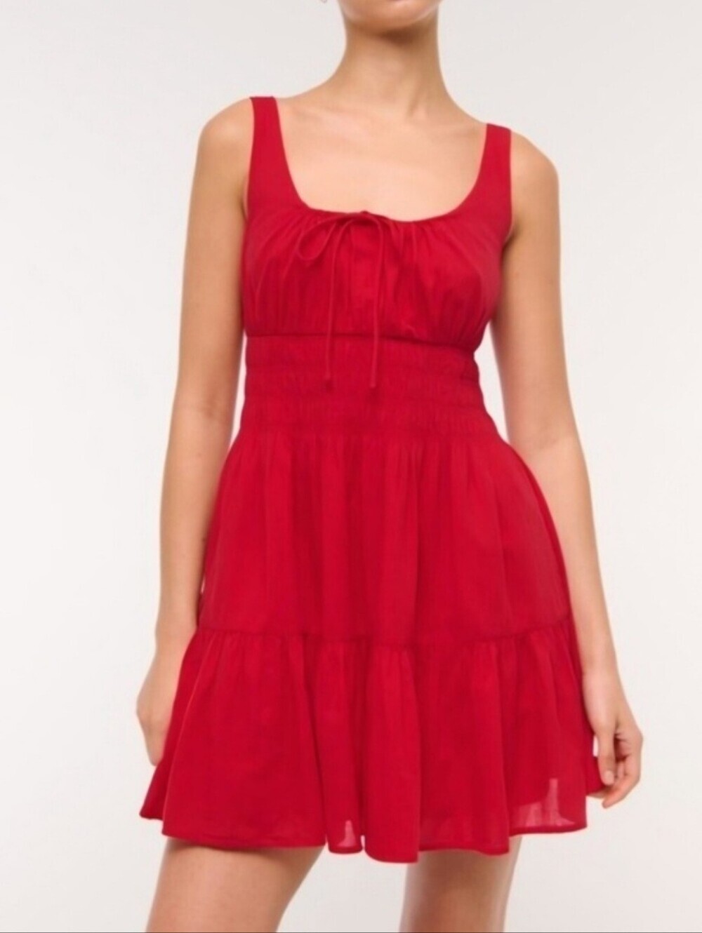 🛍 NWT Abercrombie & Fitch Red Smocked Waist Tie-Front Mini Dress Size Small P